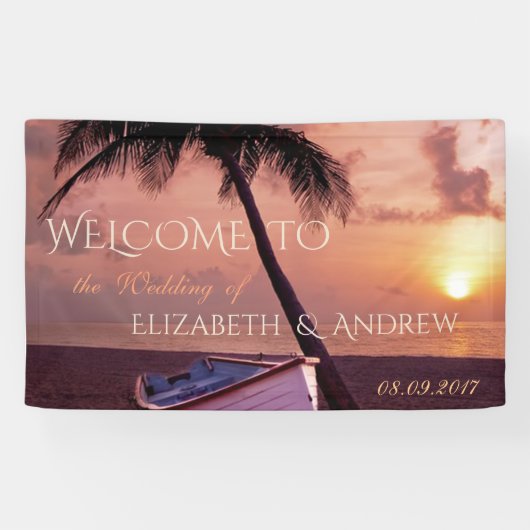 Tropischer Strand, Palm, Sonnenuntergang, Bootssai Banner (Horizontal)