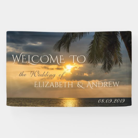 Tropischer Strand, Palm, Sonnenuntergang, Hochzeit Banner (Horizontal)