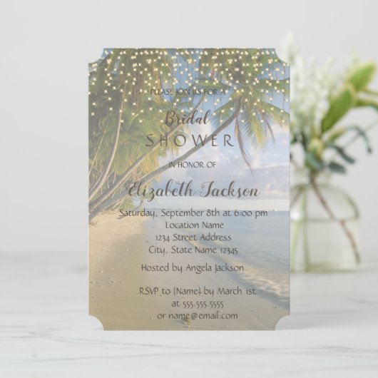 Tropischer Strand, Palm, Strandlichter Brautparty Einladung (Stehend Vorderseite)
