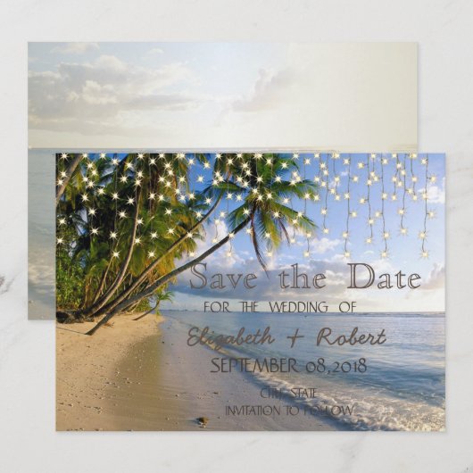 Tropischer Strand, Palm, String Lights Save the Da Date (Vorne/Hinten)