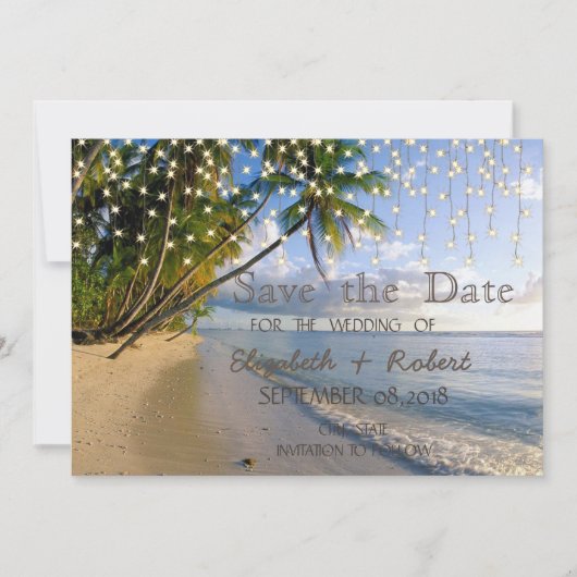 Tropischer Strand, Palm, String Lights Save the Da Save The Date (Vorderseite)
