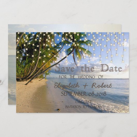 Tropischer Strand, Palm, String Lights Save the Da Save The Date (Vorne/Hinten)