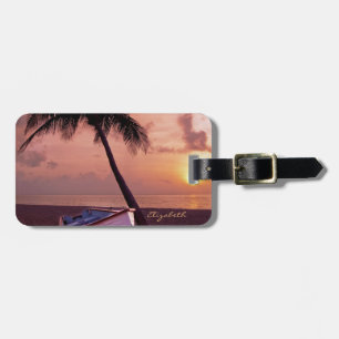 Tropischer Strand, Palme, Sonnenuntergang, Boot -  Gepäckanhänger