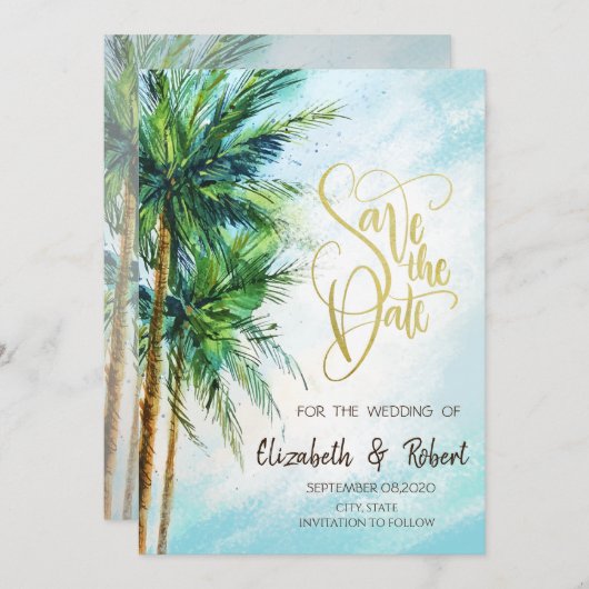Tropischer Strand, Palmen Save the Date (Vorne/Hinten)