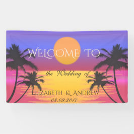 Tropischer Strand, Palmen, Sonnenuntergang Hochzei Banner