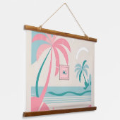 Tropischer Strand rosa aquamarine Palmen Wandteppich Mit Holzrahmen (Gewinkelt)