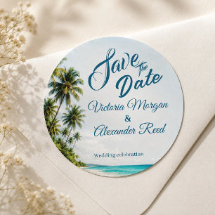 Tropischer Strand Save the Date Hochzeitsaufkleber Runder Aufkleber