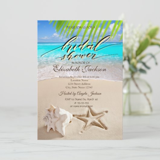 Tropischer Strand, Seastar, Seashell-Brautparty Einladung (Stehend Vorderseite)