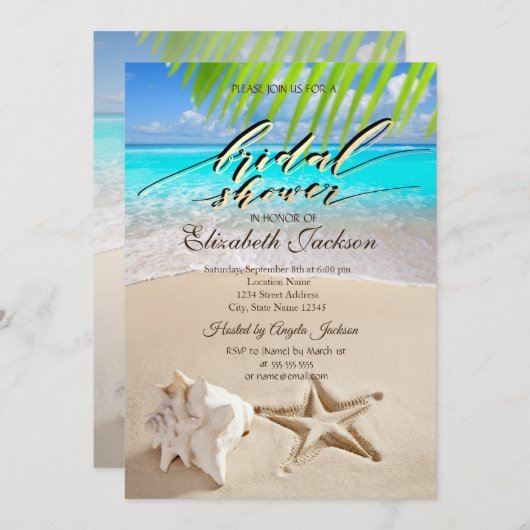Tropischer Strand, Seastar, Seashell-Brautparty Einladung (Vorne/Hinten)