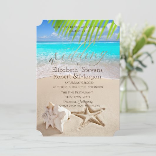 Tropischer Strand, Seastar, Seashell Einladung (Stehend Vorderseite)
