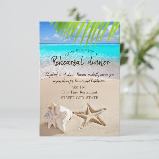 Tropischer Strand, Seastar, Seashell Probe Dinner Einladung (Stehend Vorderseite)