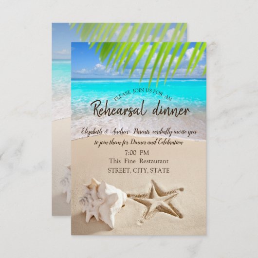 Tropischer Strand, Seastar, Seashell Probe Dinner Einladung (Vorne/Hinten)