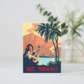 Tropischer Strand von Hawaii, Gitarre spielende Fr Postkarte (Stehend Vorderseite)