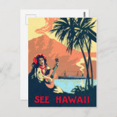 Tropischer Strand von Hawaii, Gitarre spielende Fr Postkarte (Vorne/Hinten)