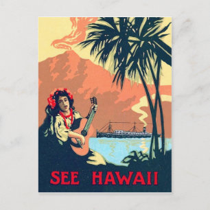 Tropischer Strand von Hawaii, Gitarre spielende Fr Postkarte