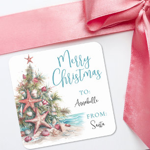 Tropischer Strand-Weihnachts-Geschenkanhänger-Aufk Quadratischer Aufkleber