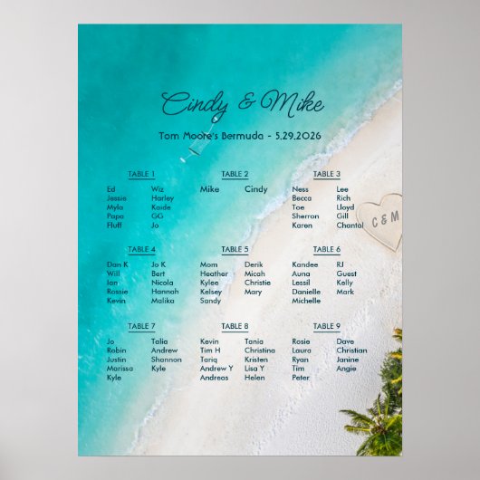 Tropischer Strandhochzeits-Monogramm-Sitzplan Poster (Vorne)