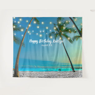 Tropischer Strandpalmen-Geburtstags-Fotobooth-Hint Wandteppich