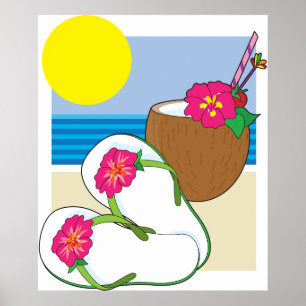 Tropischer Strandurlaub Kokosblumen Flip Flops Poster