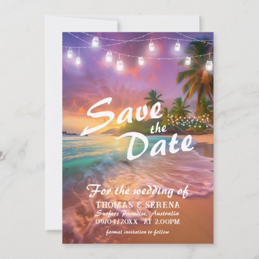 Tropischer Sunset Beach QR-Code Save the Date Einladung (Vorderseite)