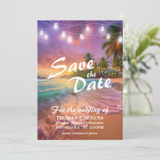 Tropischer Sunset Beach QR-Code Save the Date Einladung (Stehend Vorderseite)
