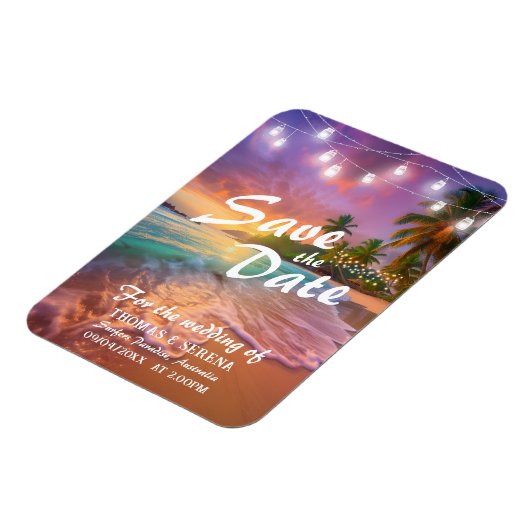 Tropischer Sunset Beach QR-Code Save the Date Magnet (Linke Seite)