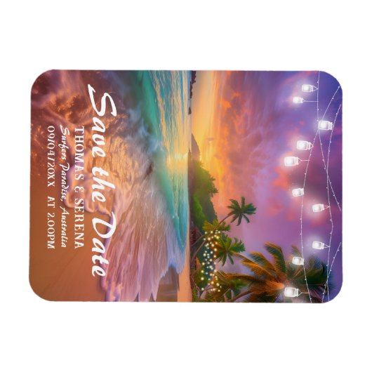 Tropischer Sunset Beach QR-Code Save the Date Magnet (Horizontal)