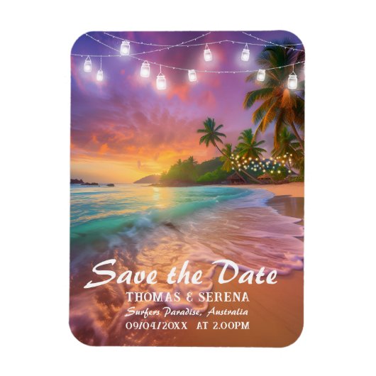 Tropischer Sunset Beach QR-Code Save the Date Magnet (Vertikal)