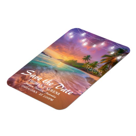 Tropischer Sunset Beach QR-Code Save the Date Magnet (Linke Seite)