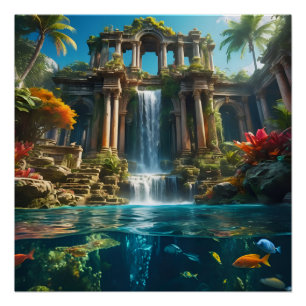Tropischer Tempelsee Wasserfall Fischsee Poster