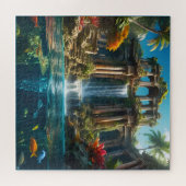 Tropischer Tempelsee Wasserfall Fischsee Puzzle (Horizontal)