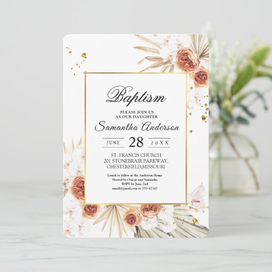 Tropischer Terracotta-Goldrahmen aus Palmblättern Einladung (Stehend Vorderseite)