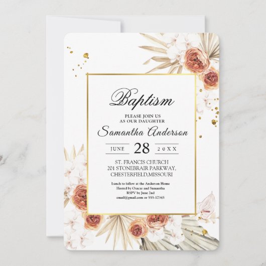 Tropischer Terracotta-Goldrahmen aus Palmblättern Einladung (Vorderseite)