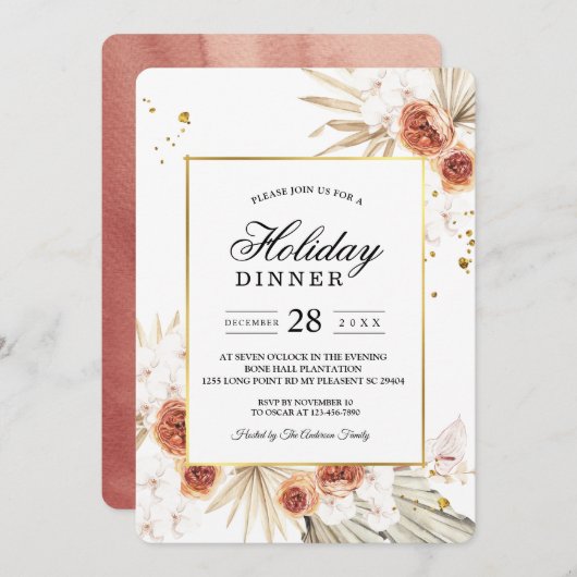 Tropischer Terracotta-Goldrahmen aus Palmblättern Einladung (Vorne/Hinten)