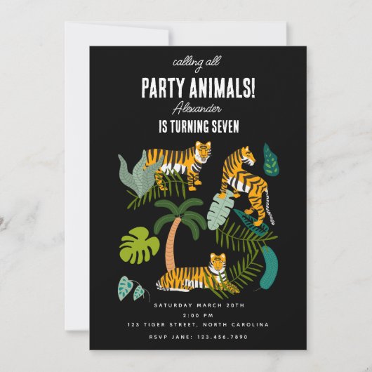 Tropischer Tiger Black Jungle Safari Kindergeburts Einladung (Vorderseite)