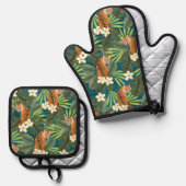 Tropischer Tiger Hawaiian Palm Dschungel Aquamarin Ofenhandschuh & Topflappen-Set (Vorderseite/Rückseite)