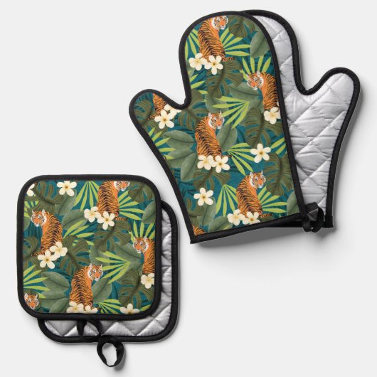 Tropischer Tiger Hawaiian Palm Dschungel Aquamarin Ofenhandschuh & Topflappen-Set (Vorderseite/Rückseite)