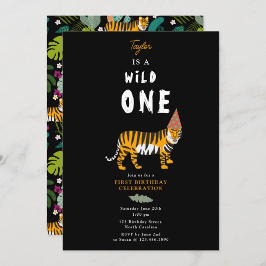 Tropischer Tiger Jungle Safari Kinder erster Gebur Einladung (Vorne/Hinten)
