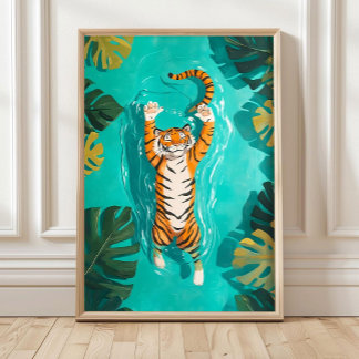 Tropischer Tiger Schwimmt im Fluss Badezimmer Druc Poster