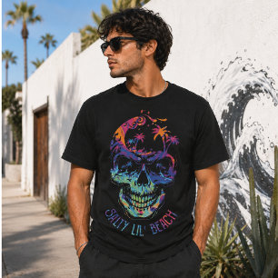 Tropischer Totenkopf Wasserfarbe Palmen Strand Vib T-Shirt