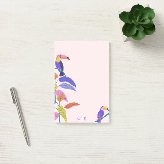Tropischer Toucan Bright Neon Monogram Blush Pink Post-it Klebezettel (Büro)