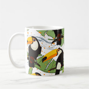 Tropischer Toukan, grüne Palmen, Vintages Muster. Kaffeetasse