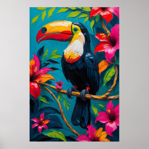 Tropischer Tukan-Vogel mit lebendigen Blumen Poster