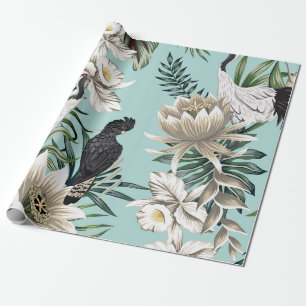 Tropischer Vintage-Kranichvogel, Papagei, Lotosb Geschenkpapier