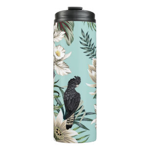 Tropischer Vintage-Kranichvogel, Papagei, Lotusblu Thermosbecher