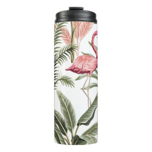 Tropischer vintage rosa Flamingo,  Bananenbäume un Thermosbecher