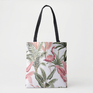 Tropischer vintage rosa Flamingo, Bananenbäume und Tasche