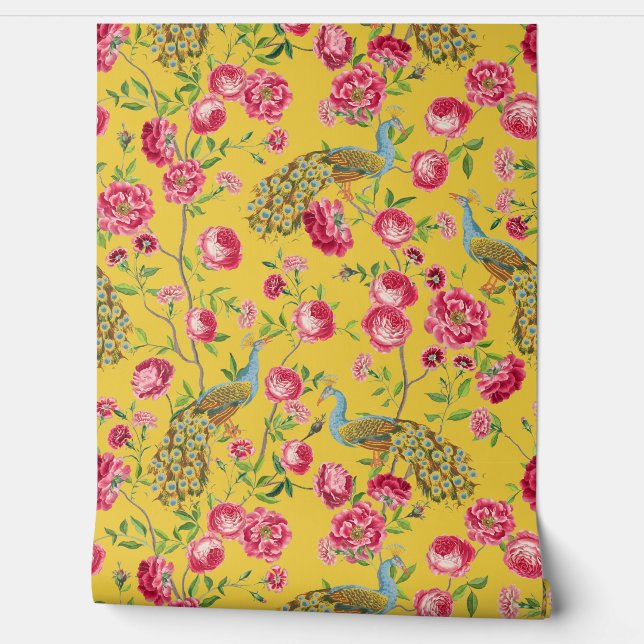 Tropischer Vintager Pfauengarten Rokoko Chinoiseri Tapete (Abrollen)