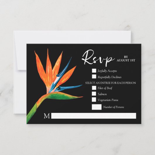 Tropischer Vogel des Paradieses Botanische Hochzei RSVP Karte (Vorderseite)