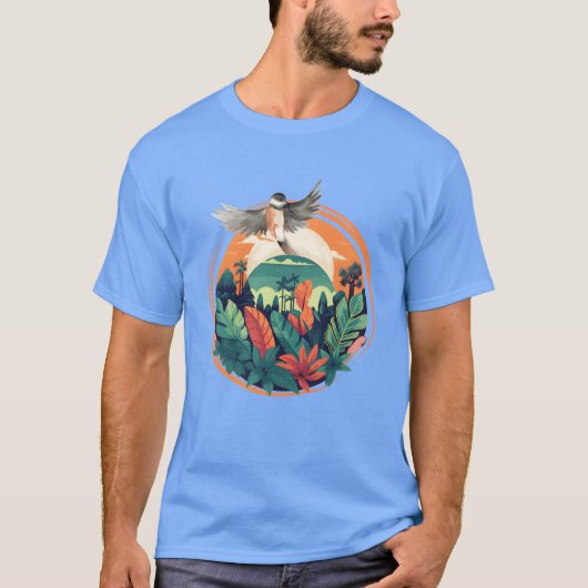 Tropischer Vogel und Jungle Sunset Scene T-Shirt (Vorderseite)